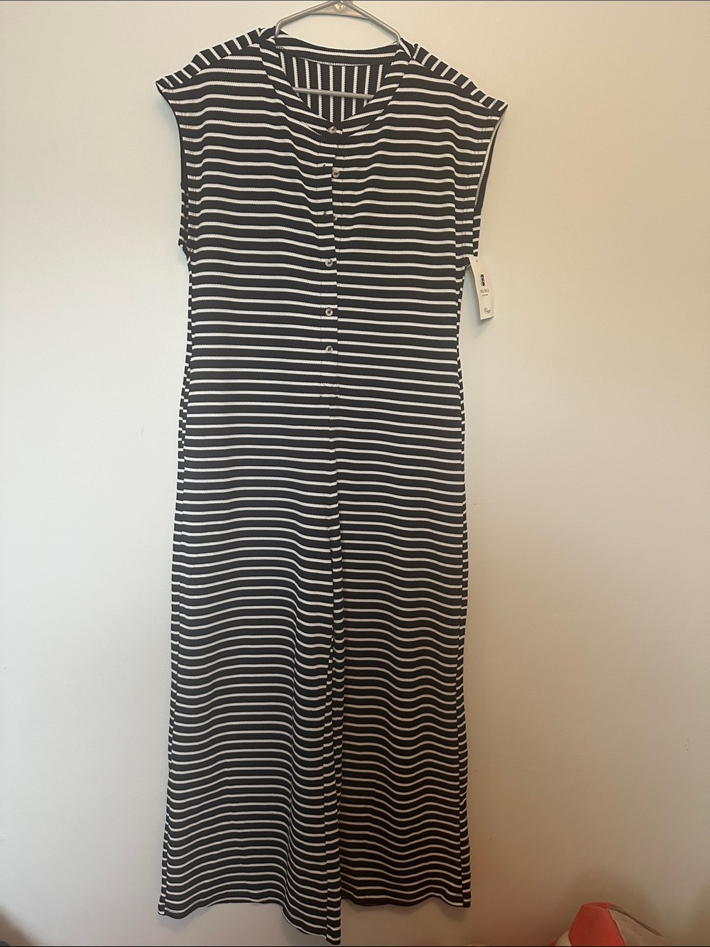 Sleeveless Navy & White Striped Button-Front jumpsuit Large